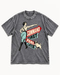 Pug Command First Panic Later Directional Graphic Washed Tee in Gray, flat lay product photo