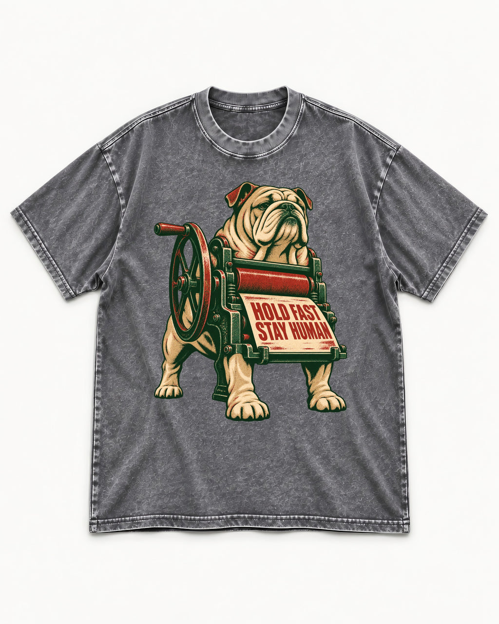Hold Fast Stay Human English Bulldog Washed Tee in Gray, flat lay product photo