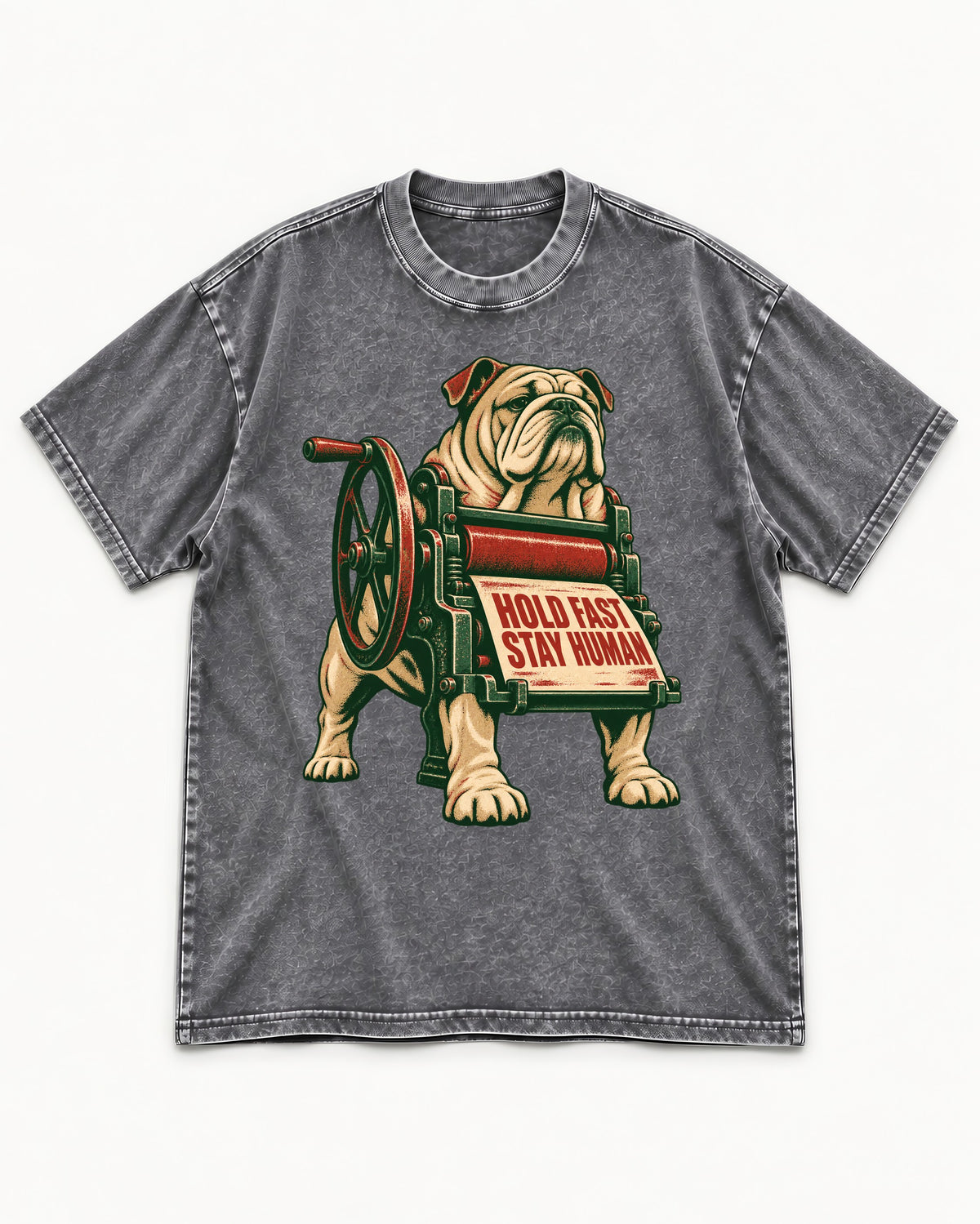 Hold Fast Stay Human English Bulldog Washed Tee in Gray, flat lay product photo
