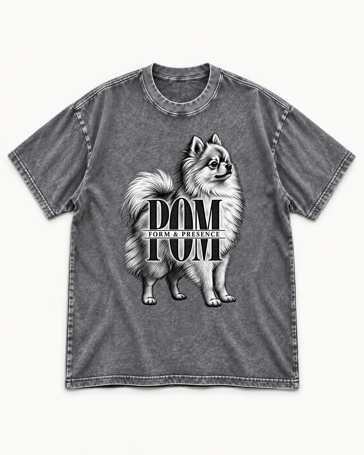 Pomeranian Form and Presence Monogram Graphic Washed Tee in Gray, flat lay product photo
