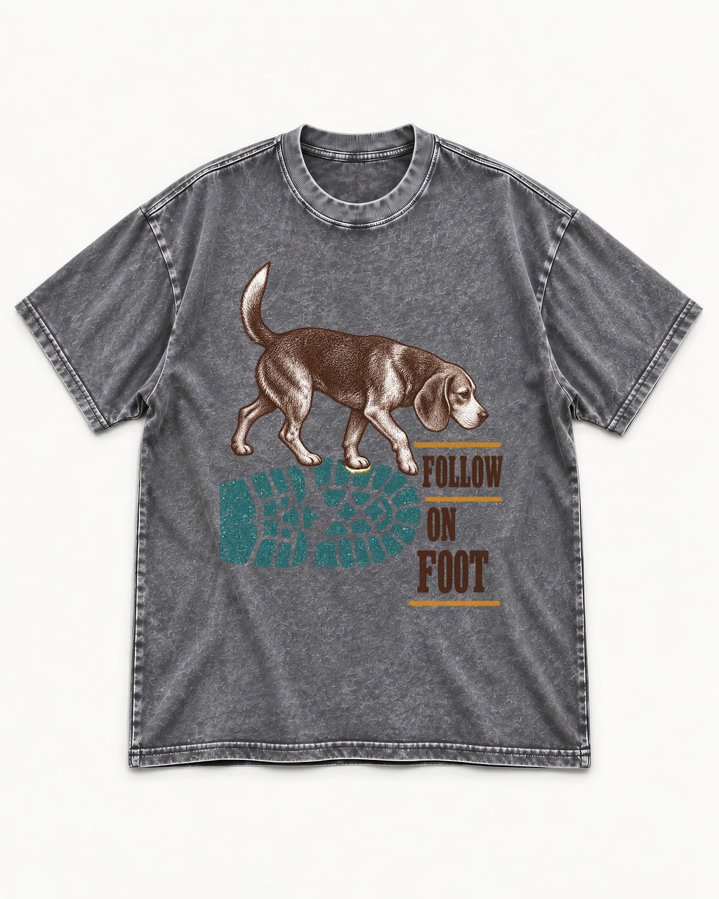 Follow the Beagle on Foot Washed Tee in Gray, flat lay product photo