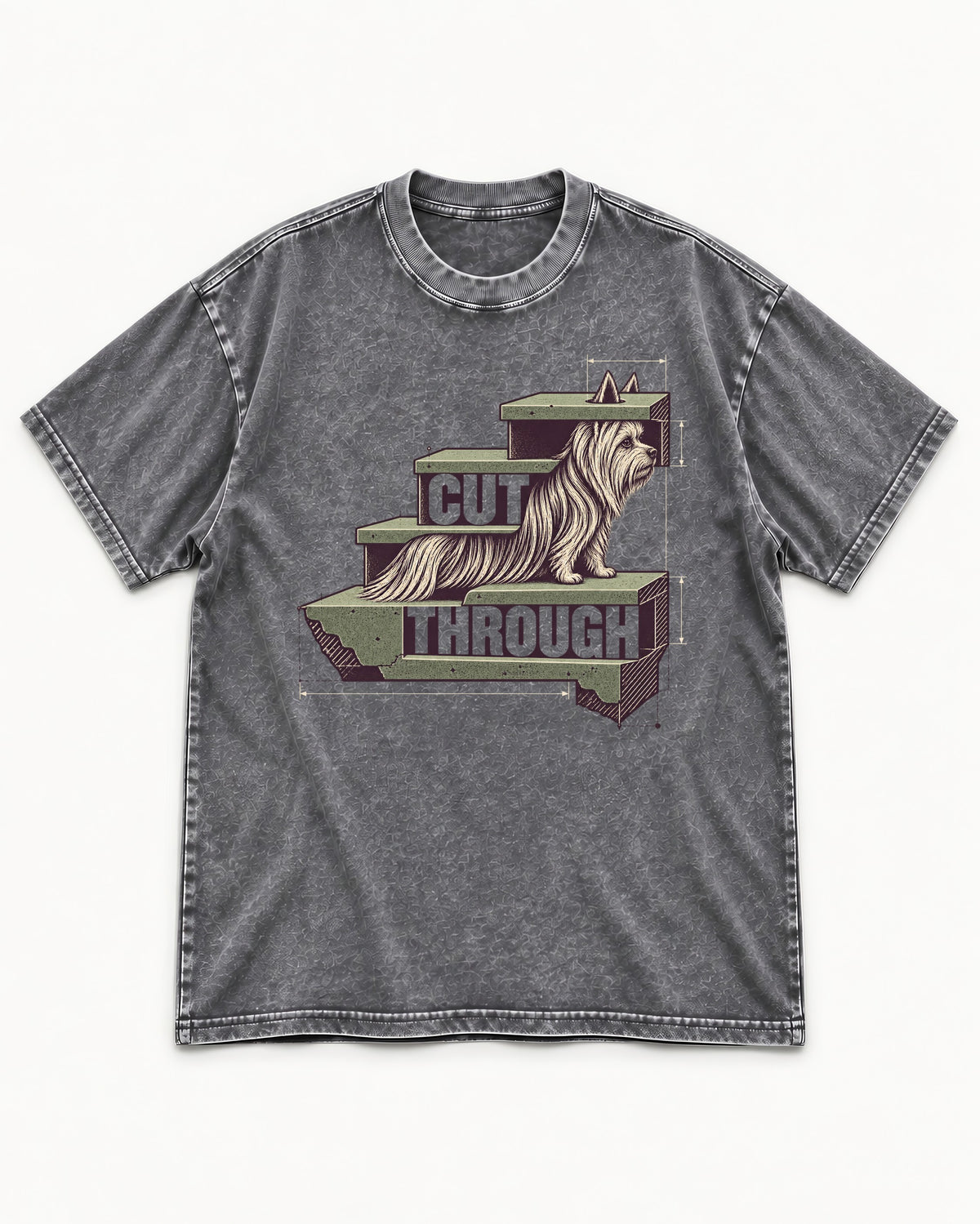 Yorkshire Terrier Cut Through Washed Tee in Gray, flat lay product photo