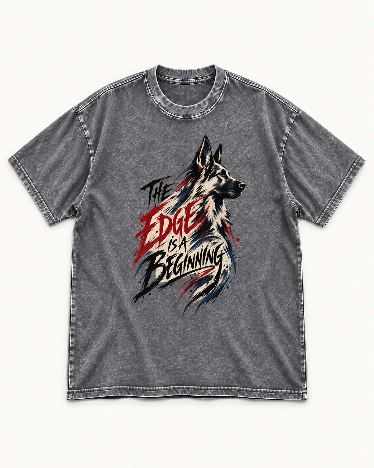 Edge Is a Beginning German Shepherd Dog Washed Tee in Gray, flat lay product photo