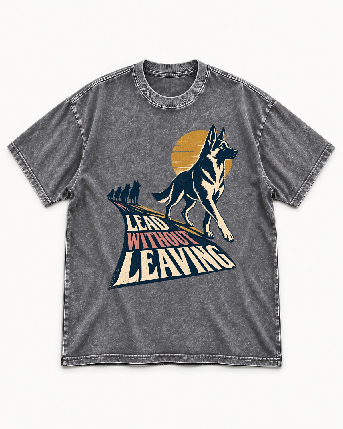 Lead Without Leaving Perspective German Shepherd Dog Graphic Washed Tee in Gray, flat lay product photo