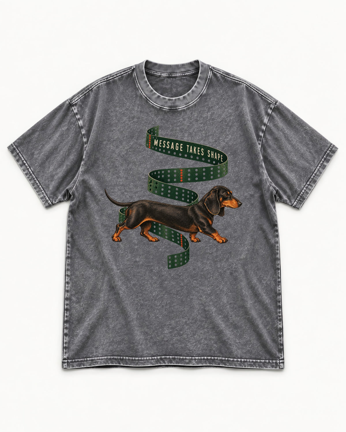 Dachshund Message Takes Shape Washed Tee in Gray, flat lay product photo