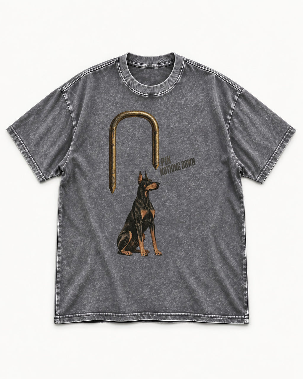 Nothing Pins Doberman Down Washed Tee in Gray, flat lay product photo