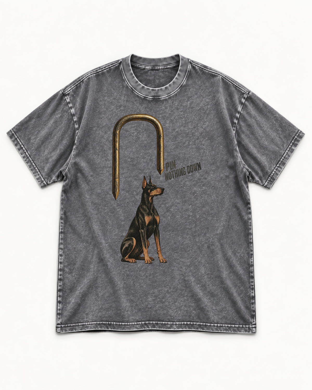 Nothing Pins Doberman Down Washed Tee in Gray, flat lay product photo