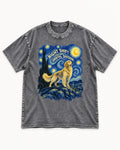 Night Shift Orbital Division Starry Night Golden Retriever Graphic Washed Tee in Gray, flat lay product photo