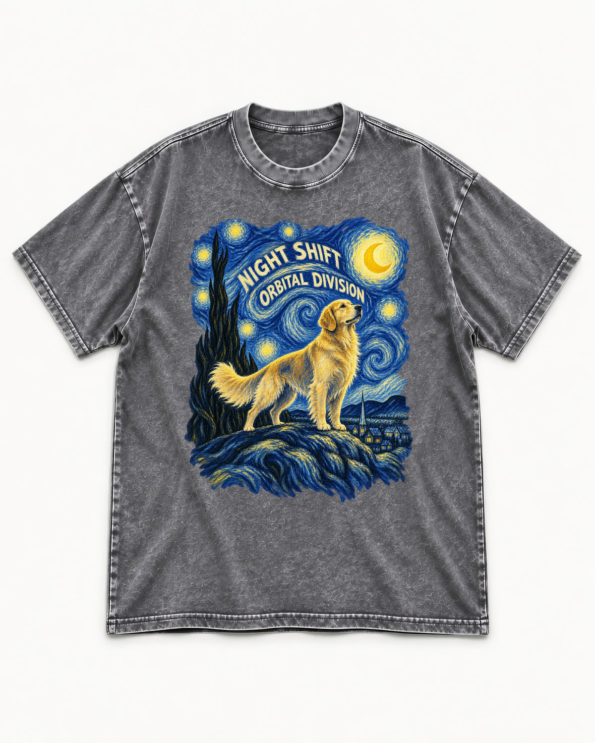 Night Shift Orbital Division Starry Night Golden Retriever Graphic Washed Tee in Gray, flat lay product photo