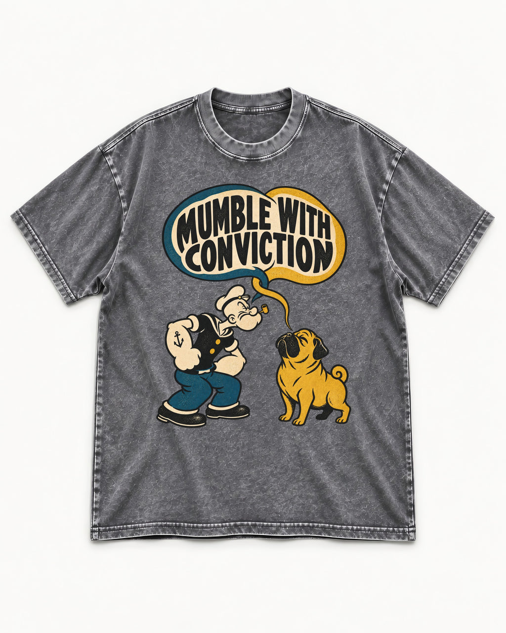 Pug Mumble with Conviction Washed Tee in Gray, flat lay product photo