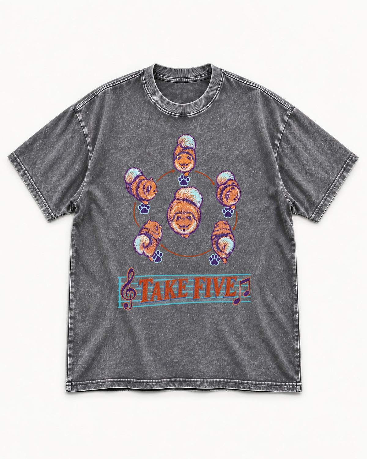 Pomeranian Take Five Choreography Cycle Graphic Washed Tee in Gray, flat lay product photo