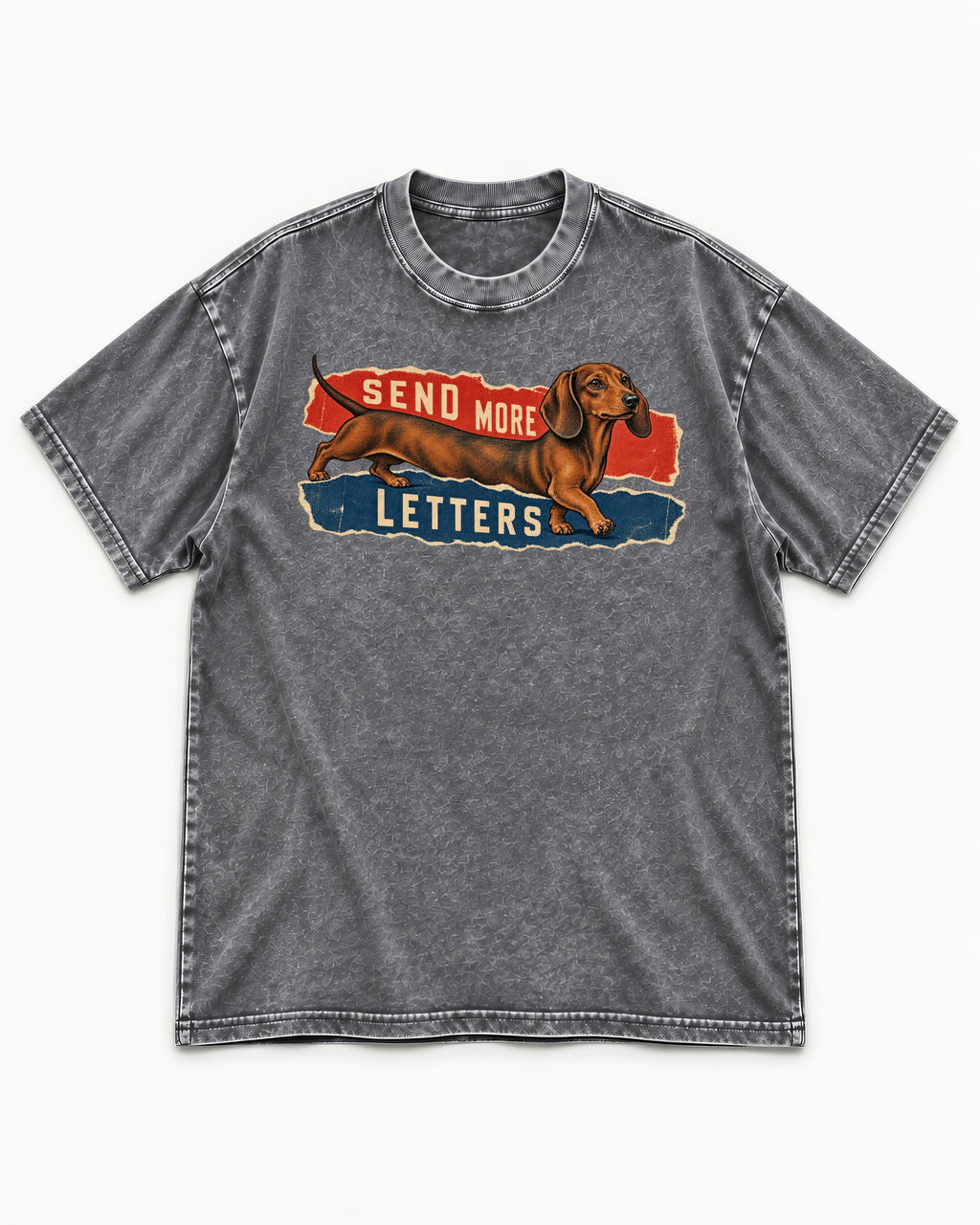 Dachshund Send More Letters Torn Paper Graphic Washed Tee in Gray, flat lay product photo
