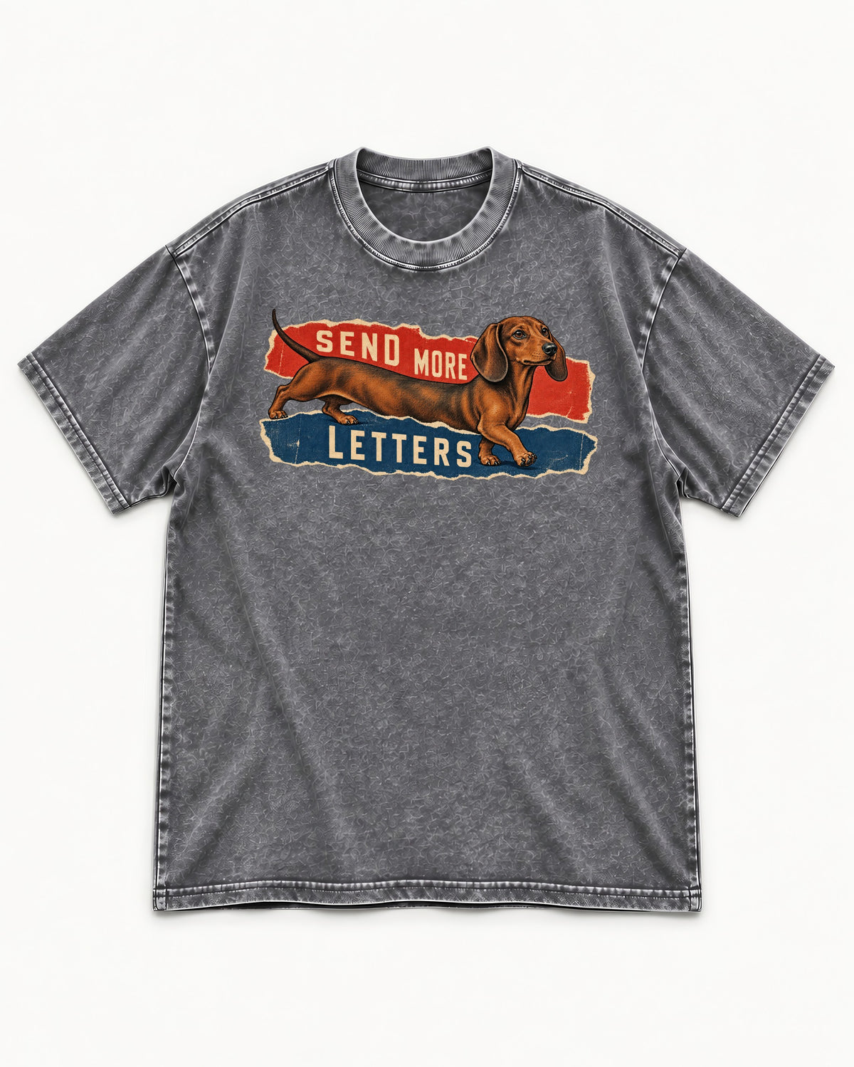 Dachshund Send More Letters Torn Paper Graphic Washed Tee in Gray, flat lay product photo