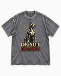 Pitbull Dignity Needs No Defense Seated Emblem Graphic Washed Tee in Gray, flat lay product photo