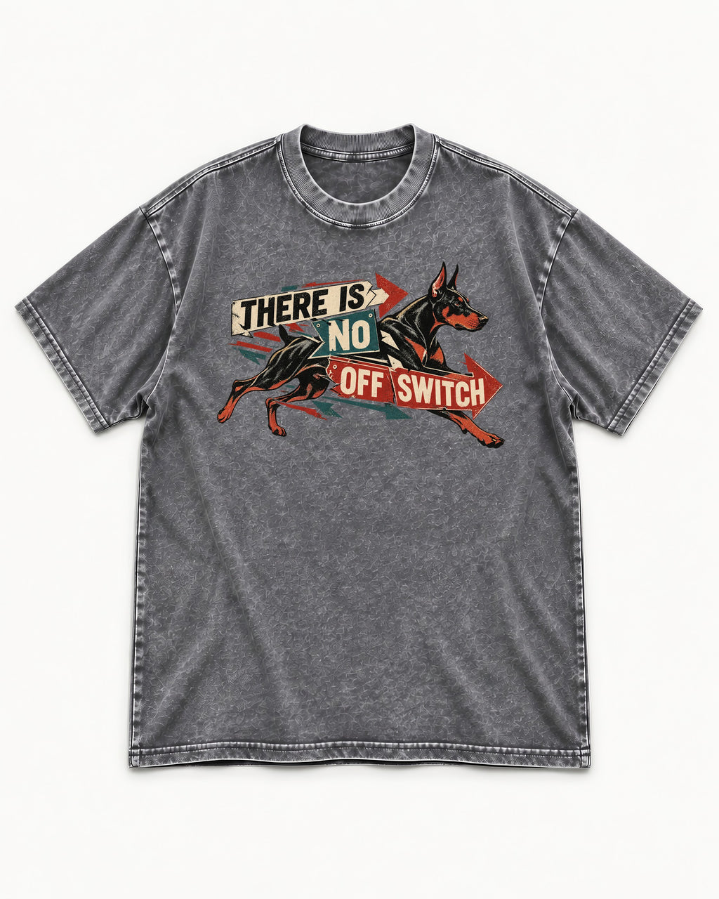 Doberman There Is No Off Switch Arrow Sprint Graphic Washed Tee in Gray, flat lay product photo