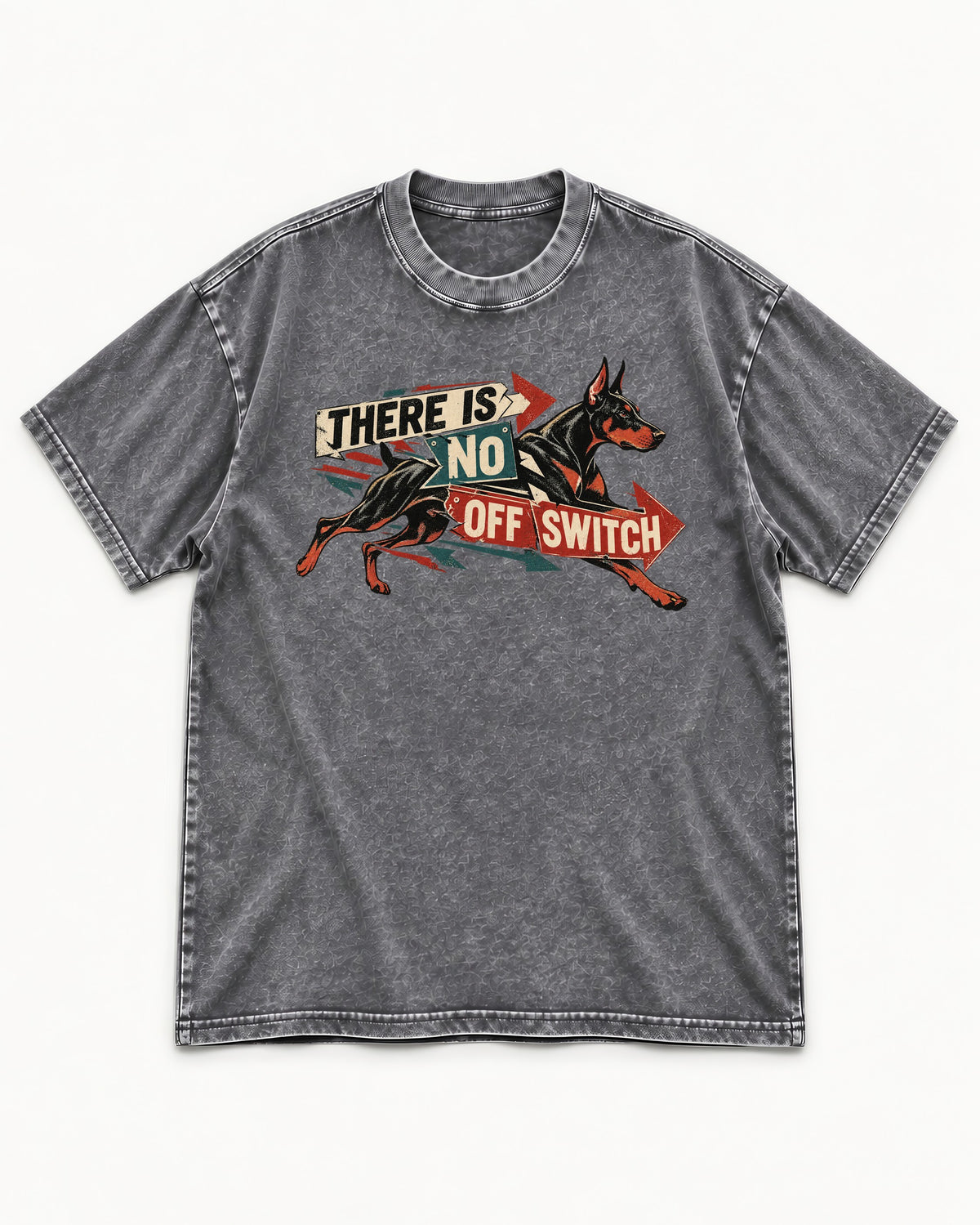 Doberman There Is No Off Switch Arrow Sprint Graphic Washed Tee in Gray, flat lay product photo