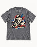 Husky Alpine Outlaws No Trail Too Polished Graphic Washed Tee in Gray, flat lay product photo