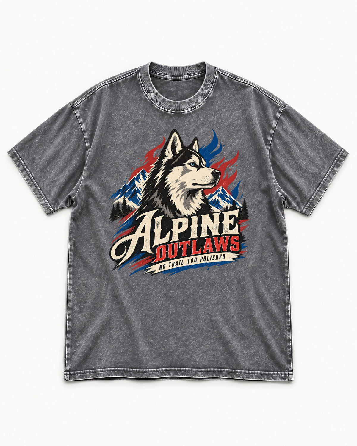 Husky Alpine Outlaws No Trail Too Polished Graphic Washed Tee in Gray, flat lay product photo