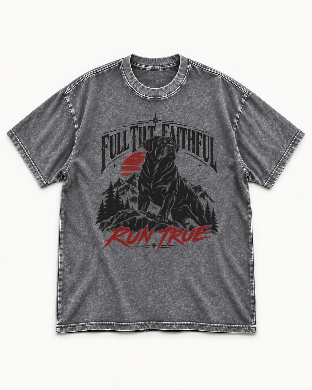 Run True Rottweiler Washed Tee in Gray, flat lay product photo