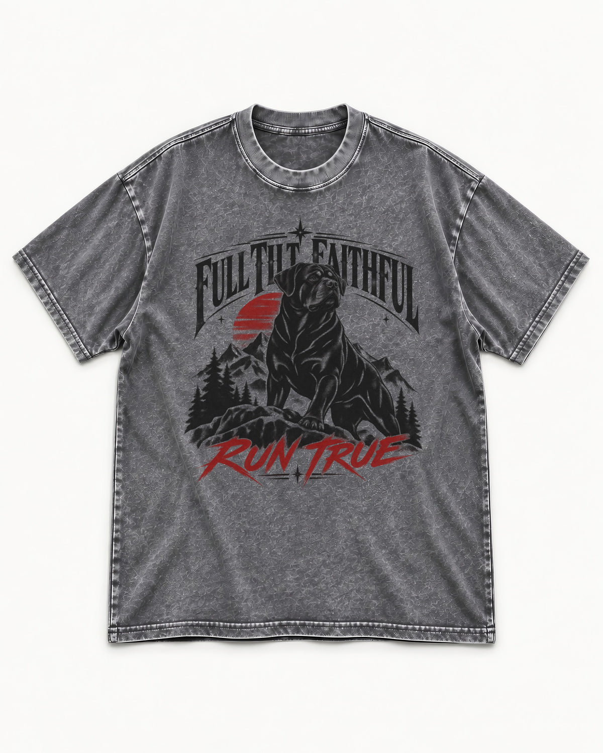 Run True Rottweiler Washed Tee in Gray, flat lay product photo