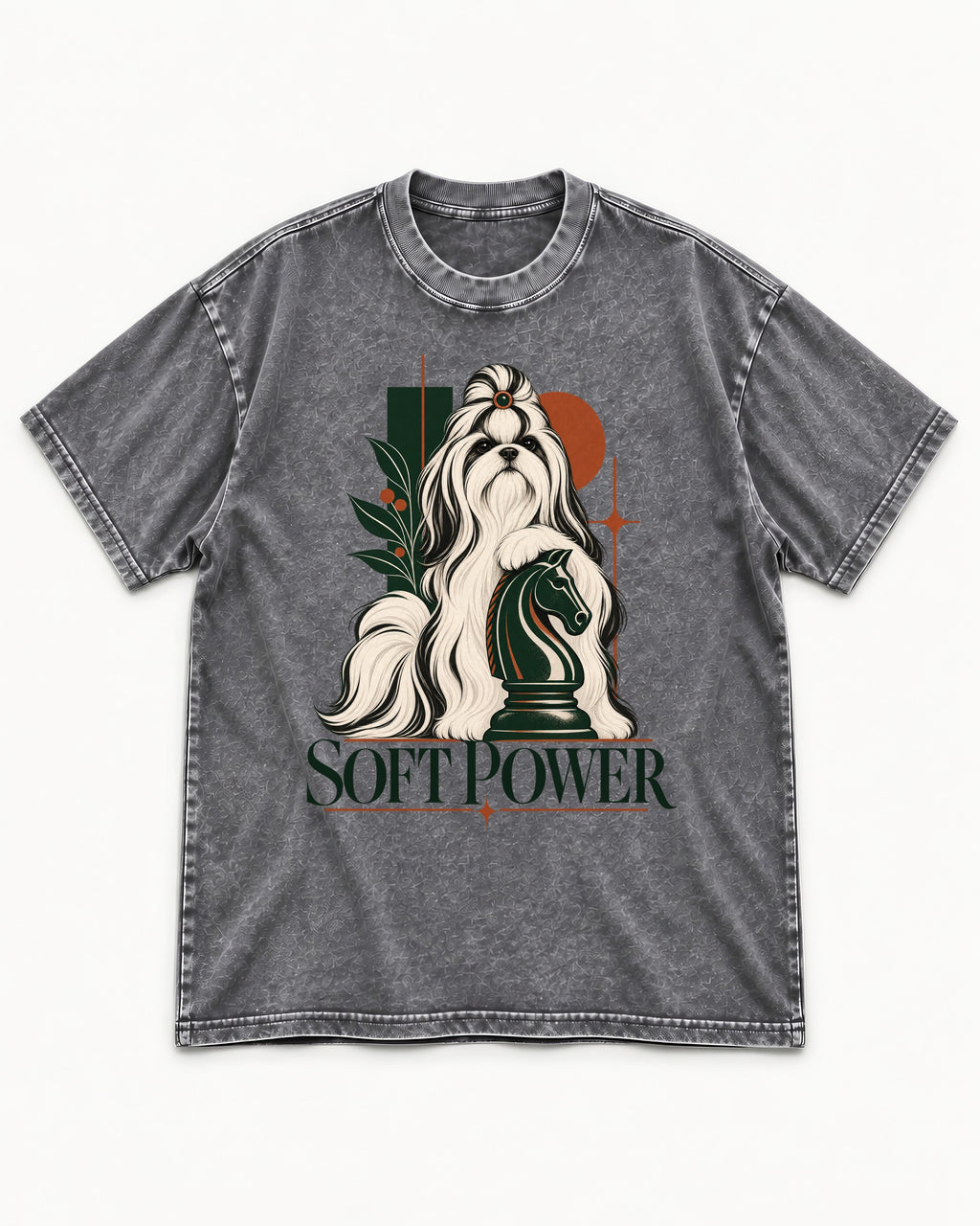 Soft Power Shih Tzu Washed Tee in Gray, flat lay product photo