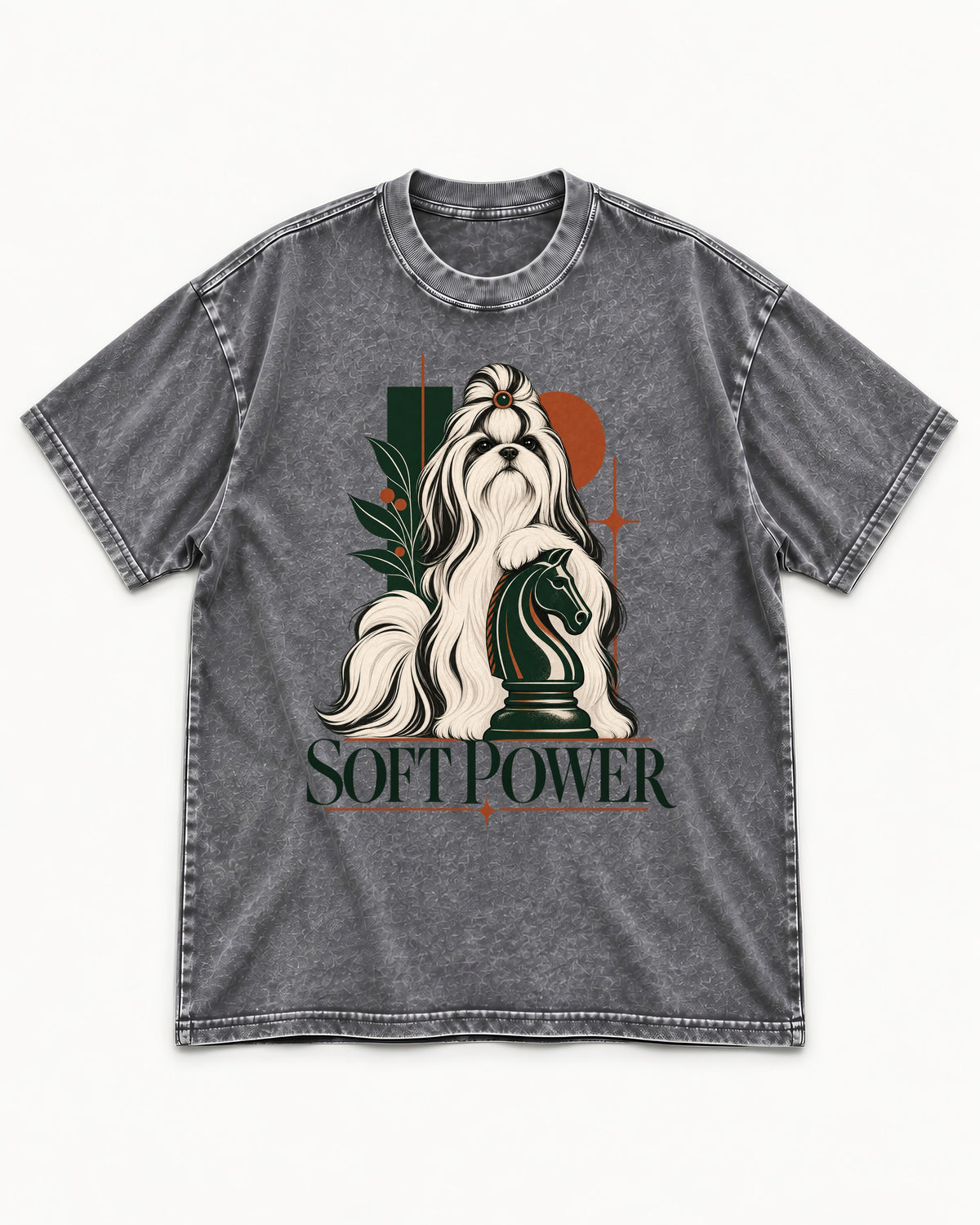 Soft Power Shih Tzu Washed Tee in Gray, flat lay product photo
