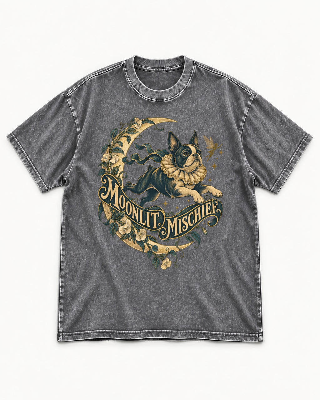 Boston Terrier Moonlit Mischief Washed Tee in Gray, flat lay product photo