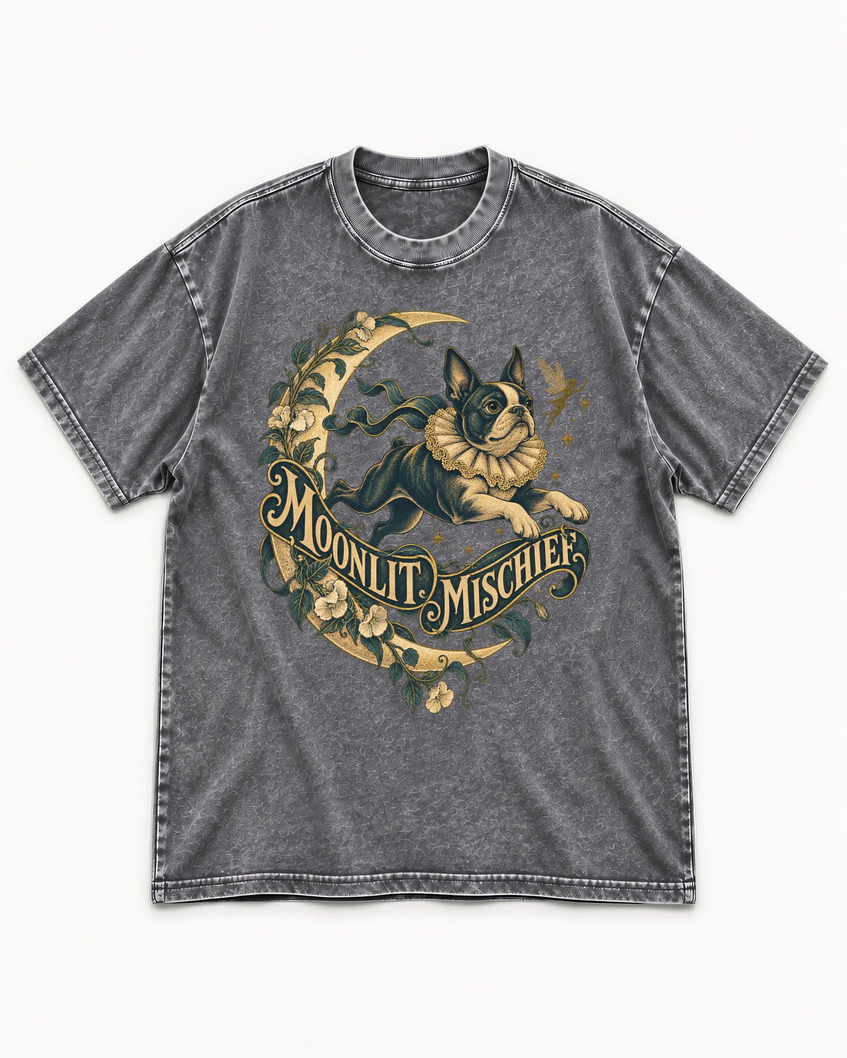 Boston Terrier Moonlit Mischief Washed Tee in Gray, flat lay product photo
