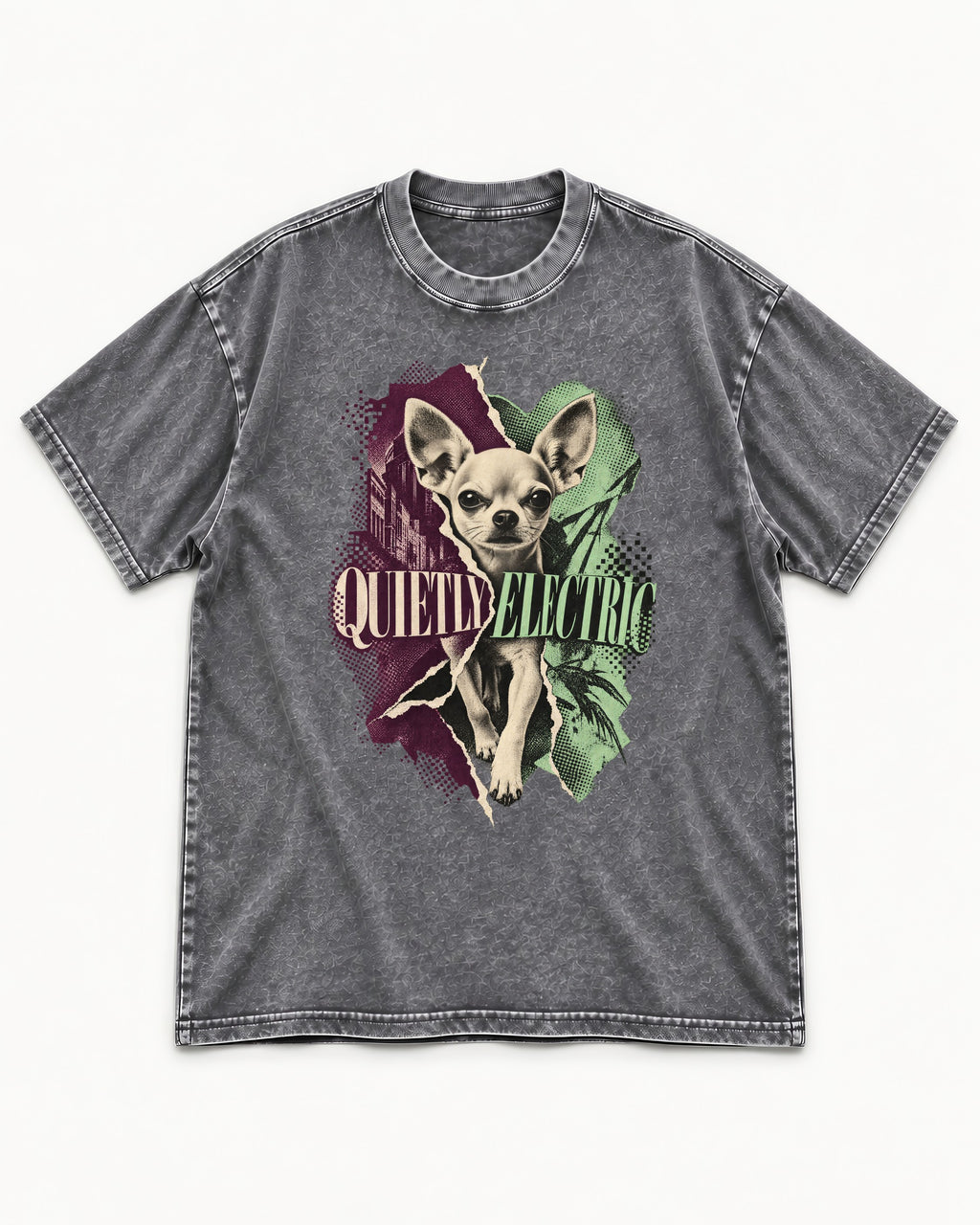 Chihuahua Quietly Electric Washed Tee in Gray, flat lay product photo