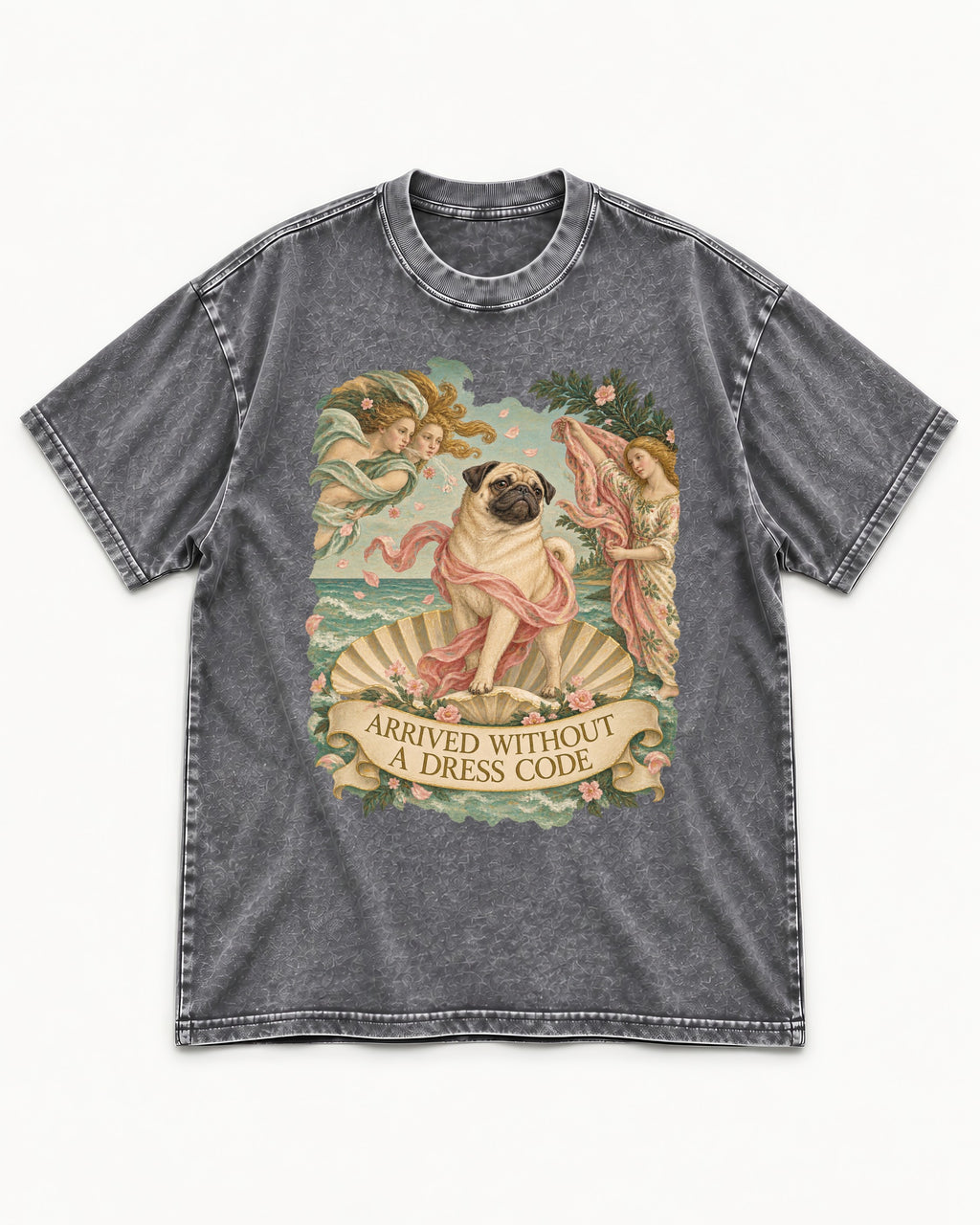 Pug Arrived Without a Dress Code Venus Parody Graphic Washed Tee in Gray, flat lay product photo