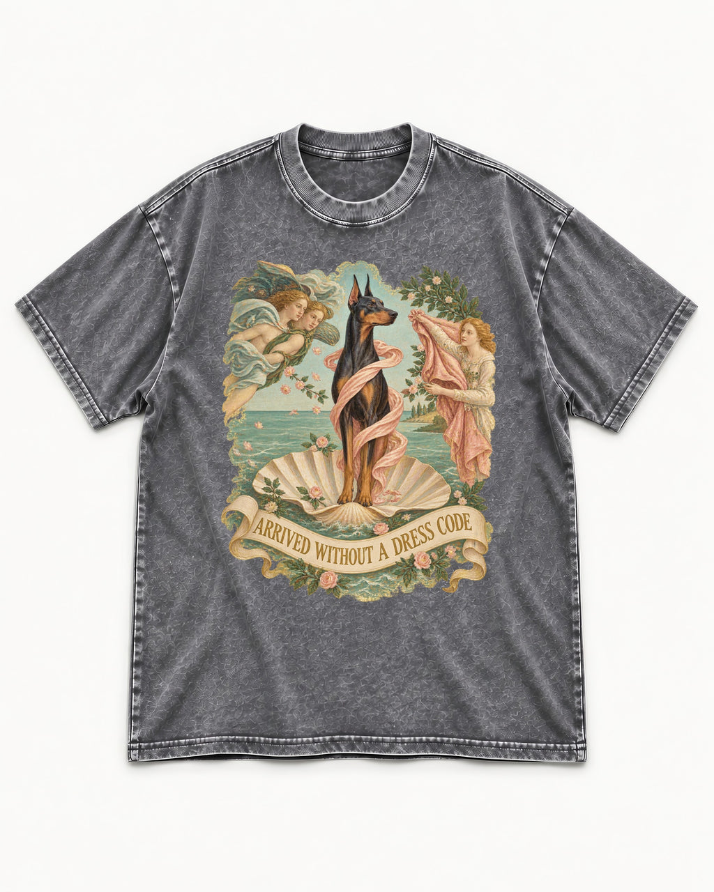 Doberman Arrived Without a Dress Code Renaissance Graphic Washed Tee in Gray, flat lay product photo