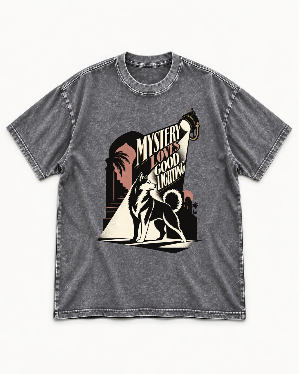 Husky Loves Good Lighting Washed Tee in Gray, flat lay product photo