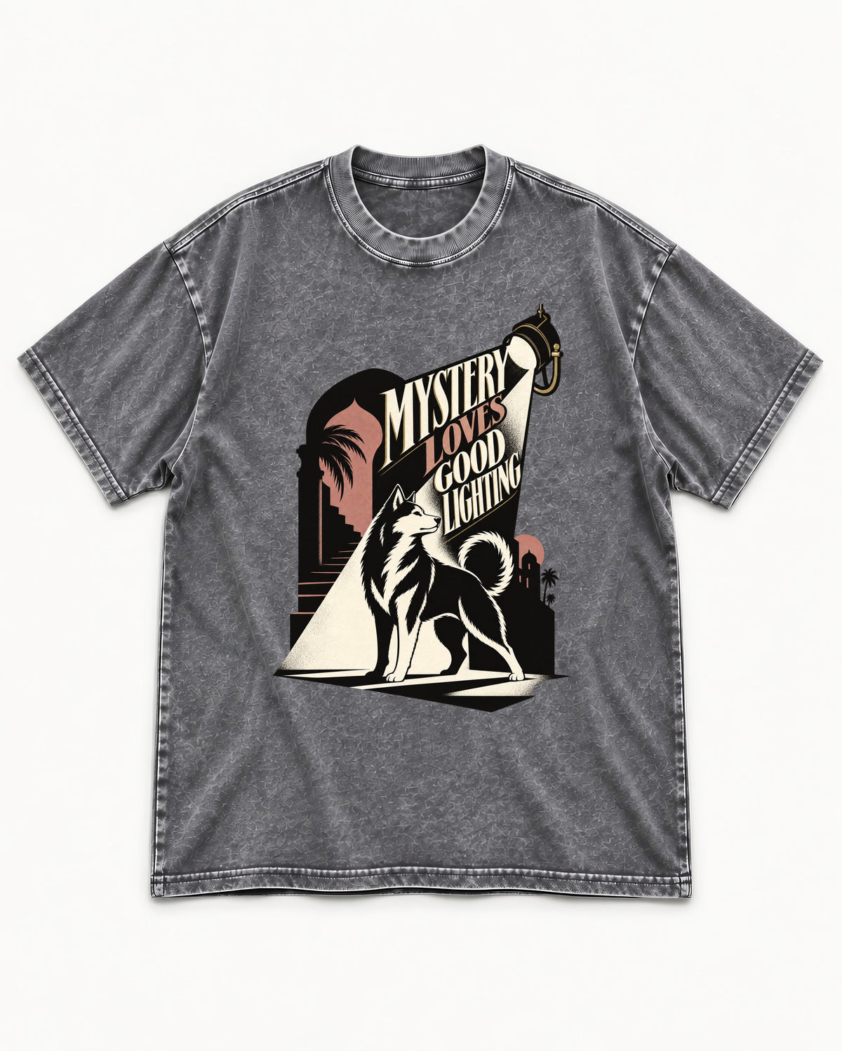 Husky Loves Good Lighting Washed Tee in Gray, flat lay product photo