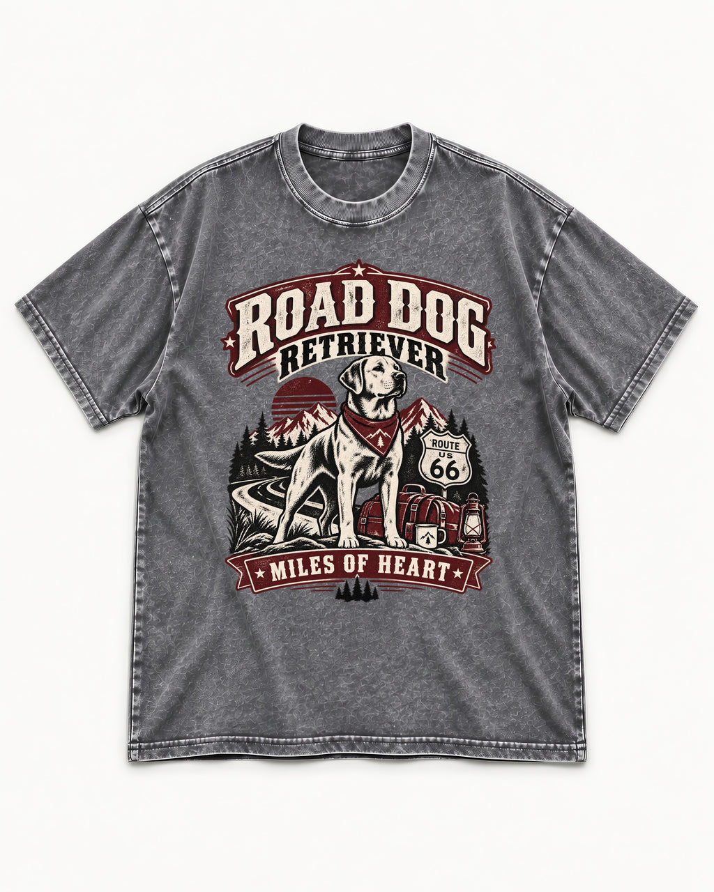 Labrador Retriever Road Dog Miles of Heart Route 66 Graphic Washed Tee in Gray, flat lay product photo