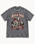 Labrador Retriever Road Dog Miles of Heart Route 66 Graphic Washed Tee in Gray, flat lay product photo