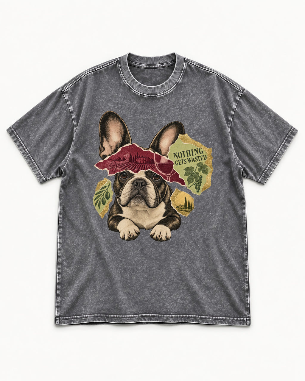 Nothing Gets Wasted with Frenchie Washed Tee in Gray, flat lay product photo
