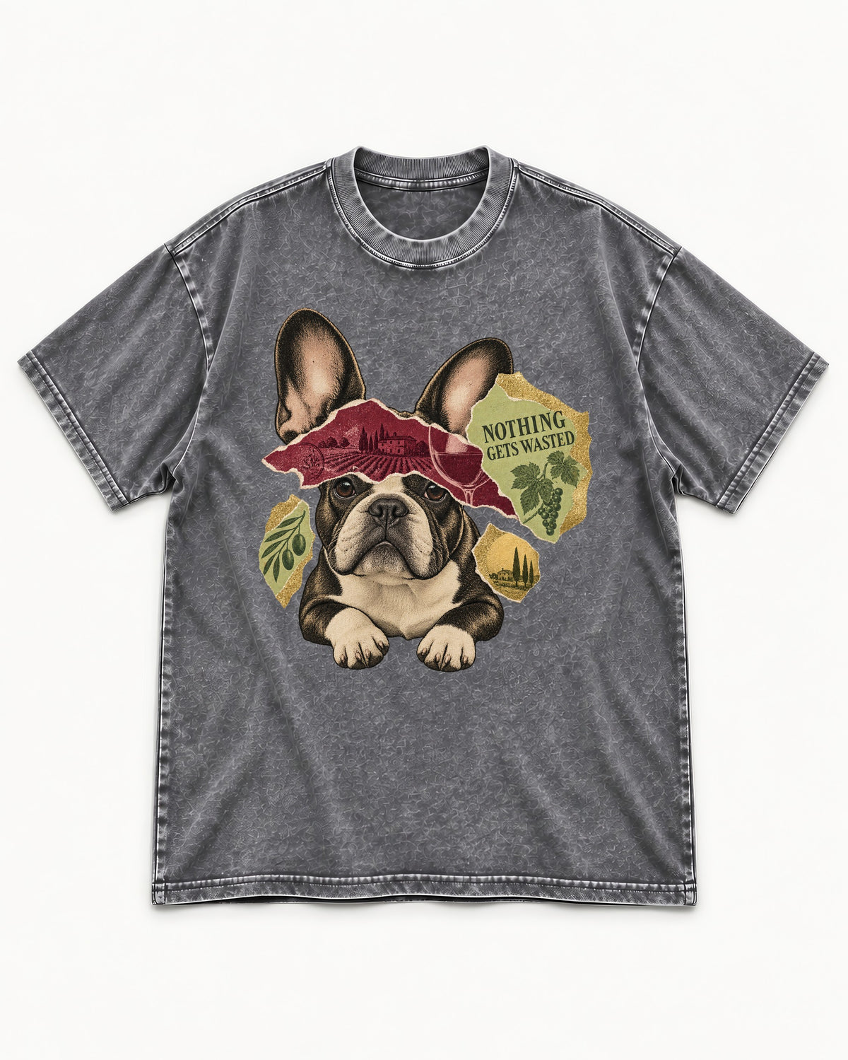 Nothing Gets Wasted with Frenchie Washed Tee in Gray, flat lay product photo