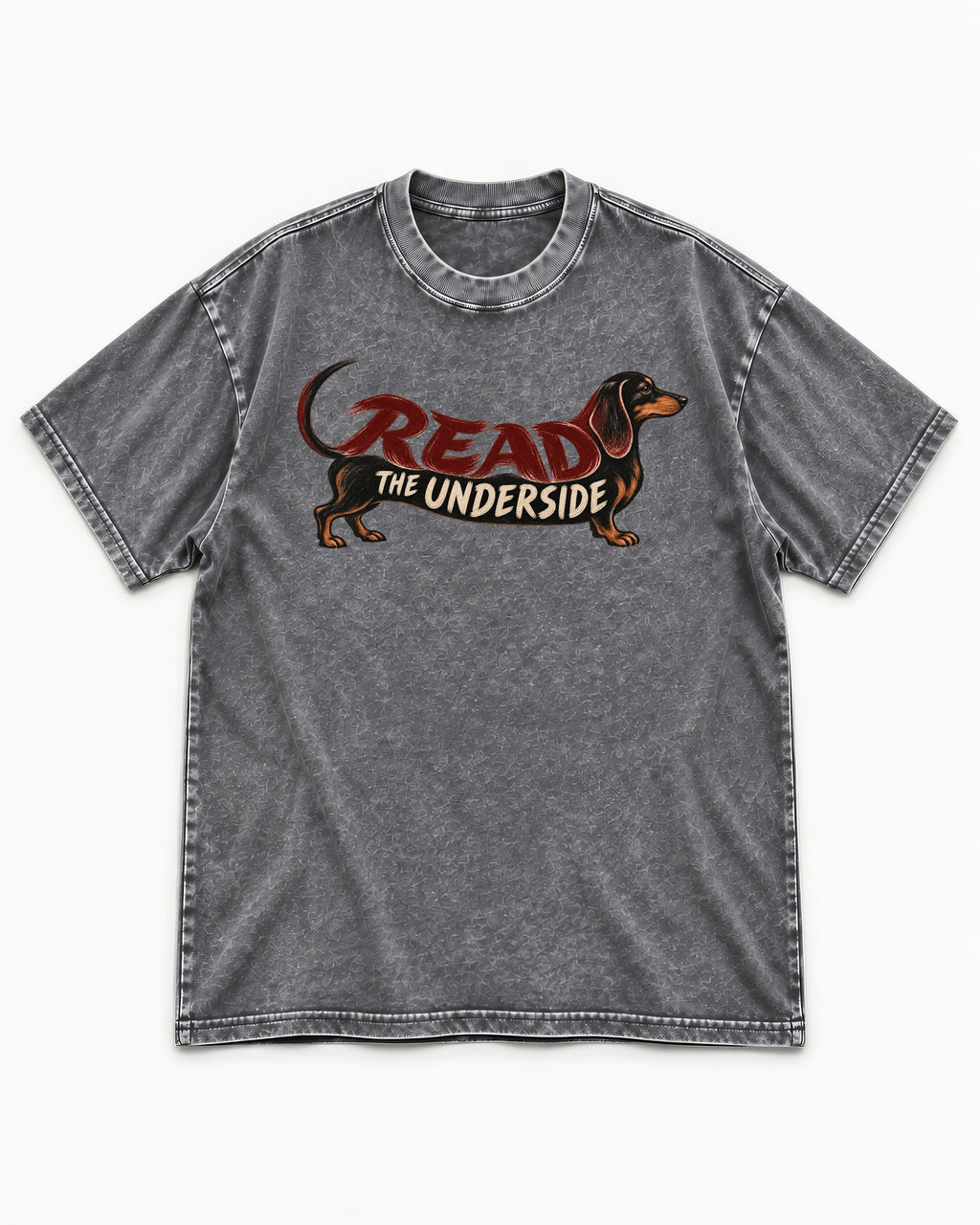 Dachshund Read The Underside Body Lettering Graphic Washed Tee in Gray, flat lay product photo