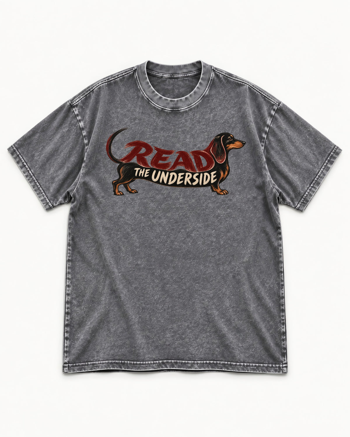 Dachshund Read The Underside Body Lettering Graphic Washed Tee in Gray, flat lay product photo