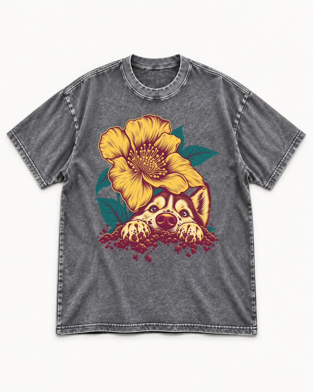 Husky Flower Witness Peeking Floral Graphic Washed Tee in Gray, flat lay product photo