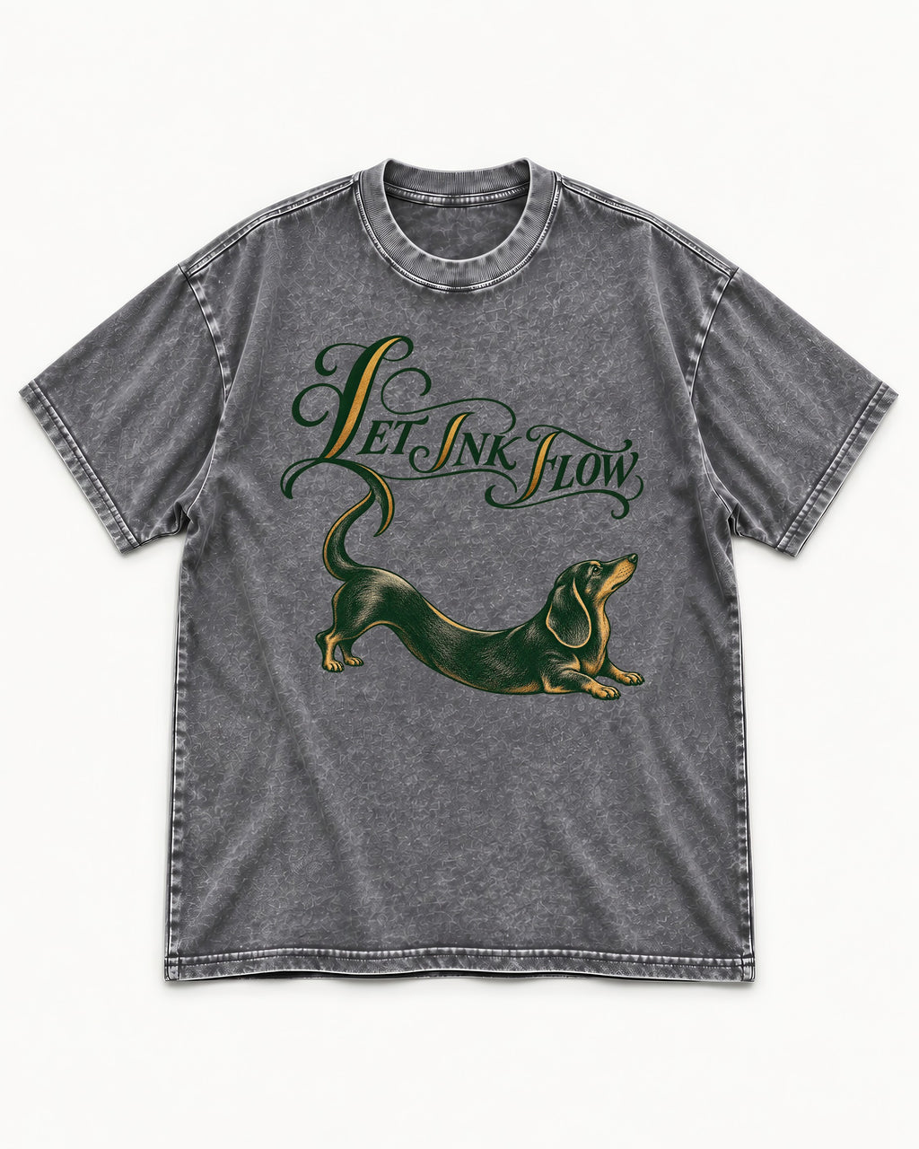 Let the Dachshund Ink Flow Washed Tee in Gray, flat lay product photo
