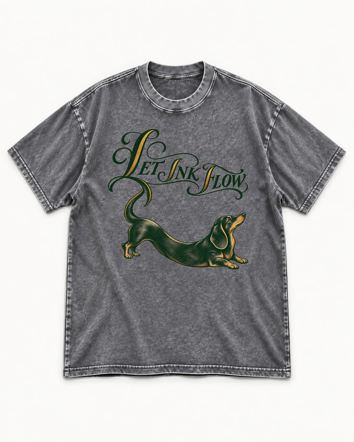 Let the Dachshund Ink Flow Washed Tee in Gray, flat lay product photo