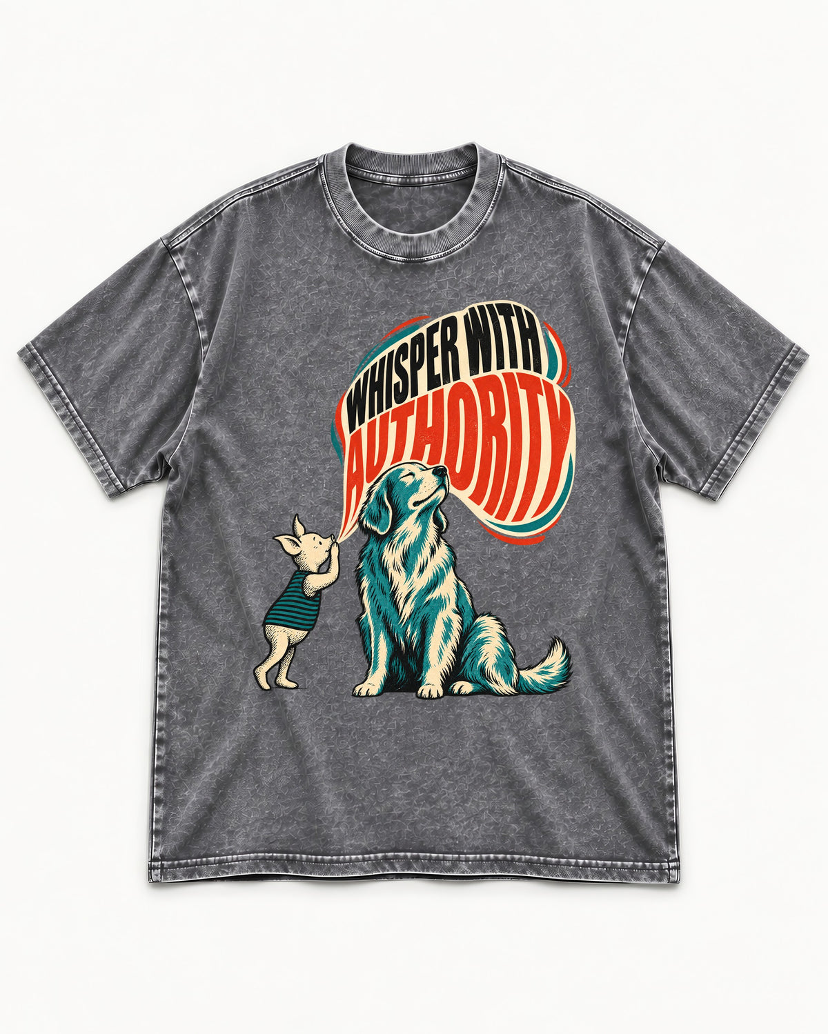 Golden Retriever Whisper with Authority Washed Tee in Gray, flat lay product photo