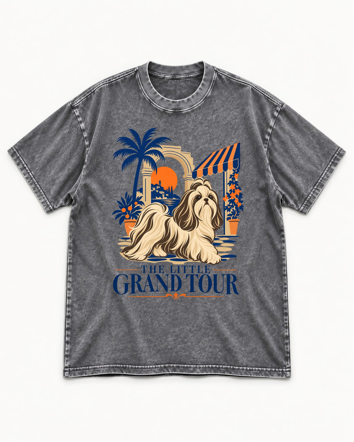 Shih Tzu The Little Grand Tour Mediterranean Courtyard Graphic Washed Tee in Gray, flat lay product photo