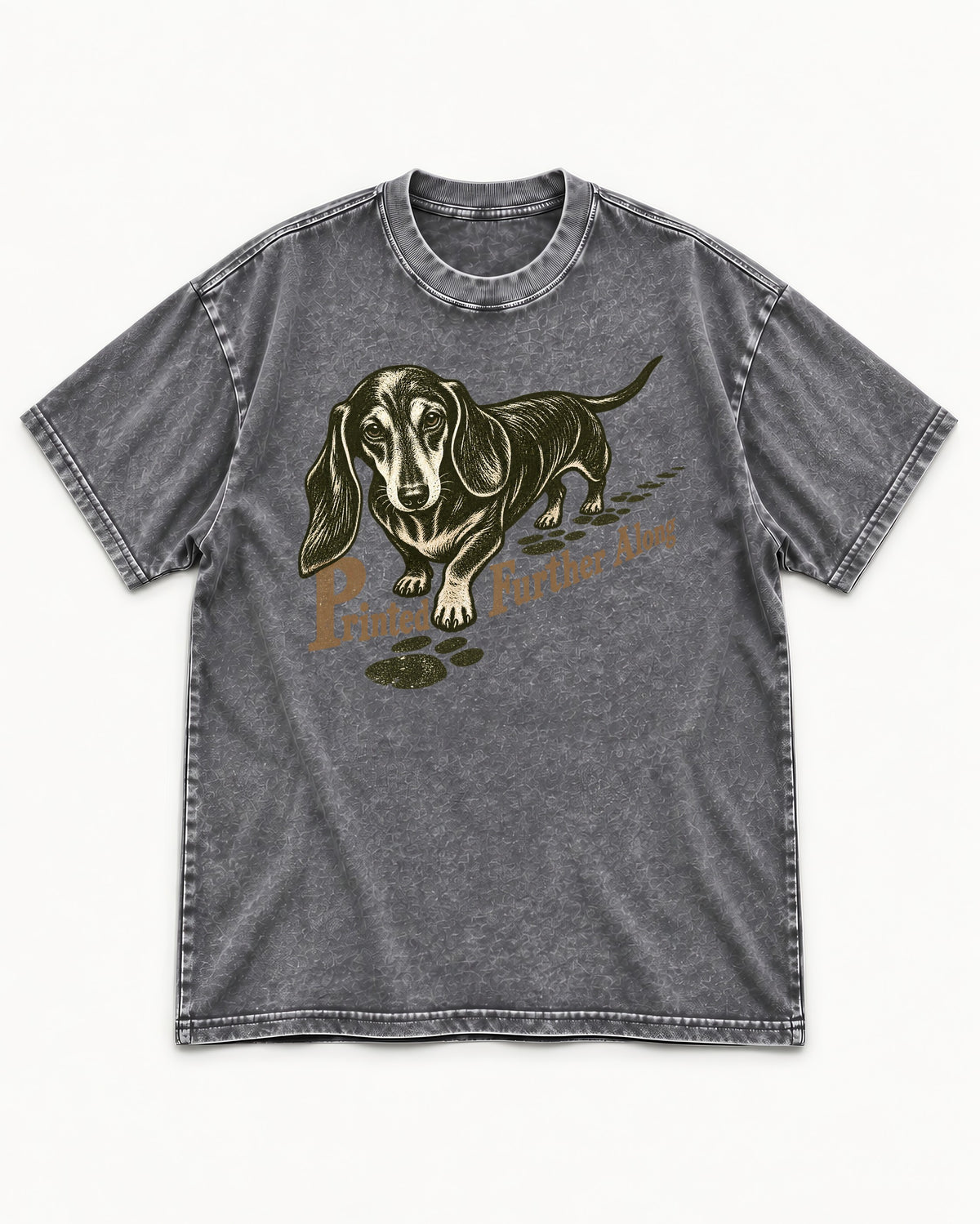 Dachshund Printed Further Along Footprint Graphic Washed Tee in Gray, flat lay product photo