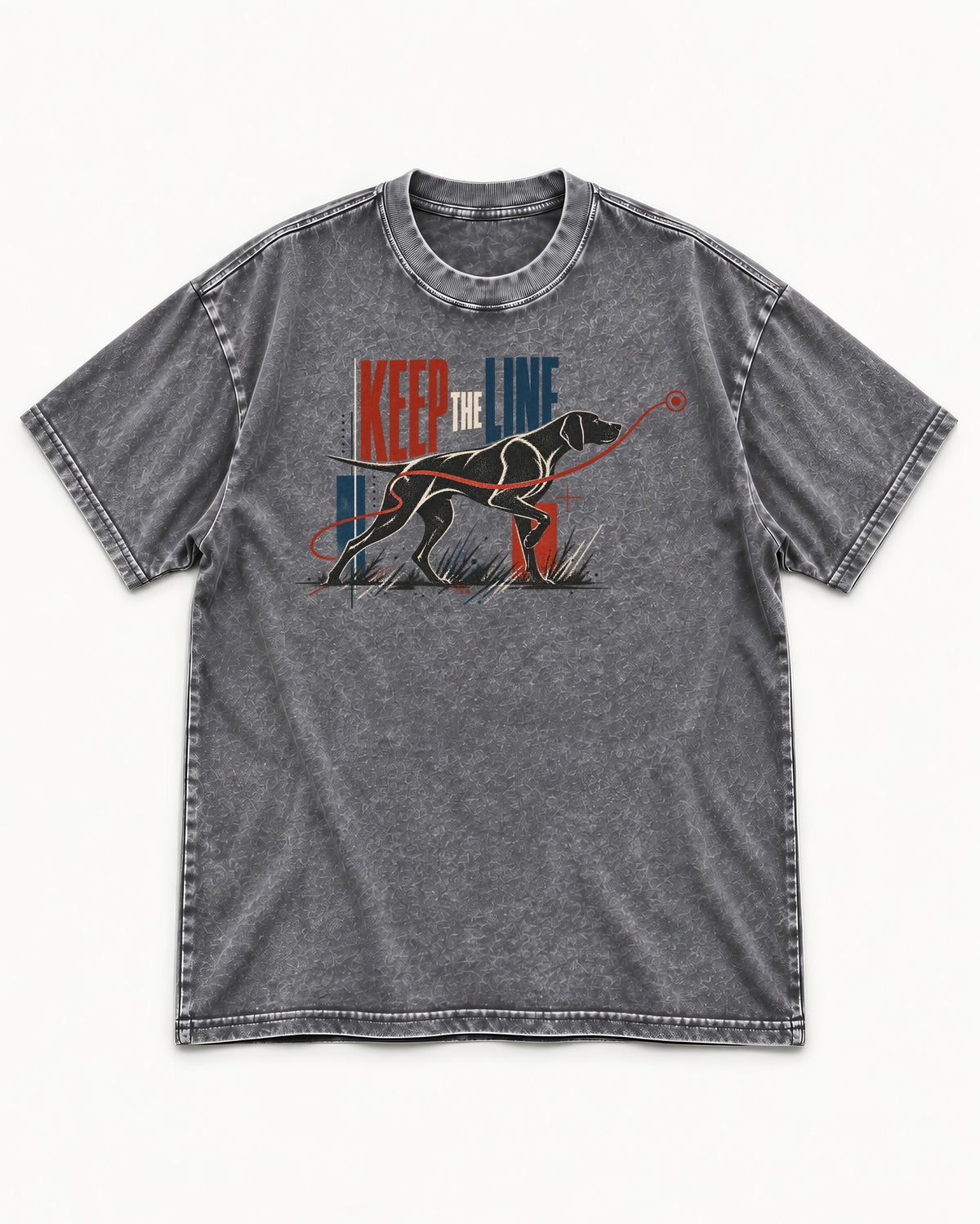 Keep the Line German Shorthaired Pointer Washed Tee in Gray, flat lay product photo