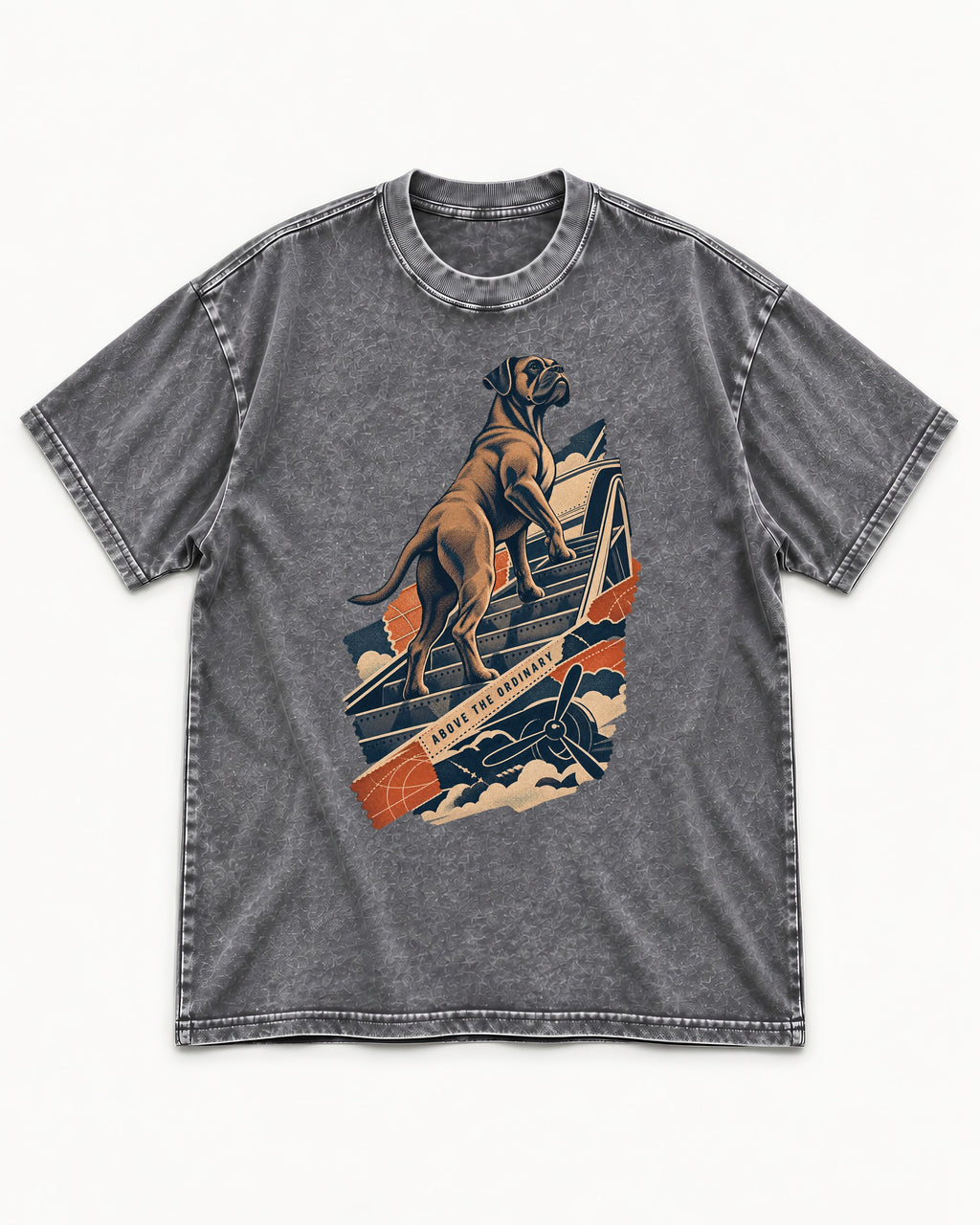 Above the Ordinary Boxer Aviation Graphic Washed Tee in Gray, flat lay product photo