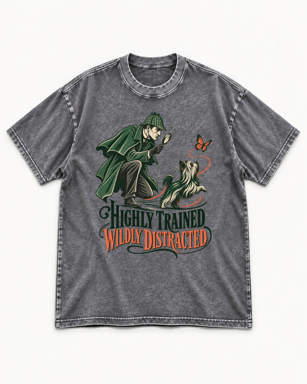 Highly Trained Wildly Distracted Yorkshire Terrier Washed Tee in Gray, flat lay product photo