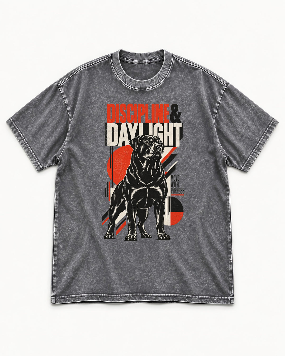 Discipline and Daylight Rottweiler Move With Purpose Washed Tee in Gray, flat lay product photo