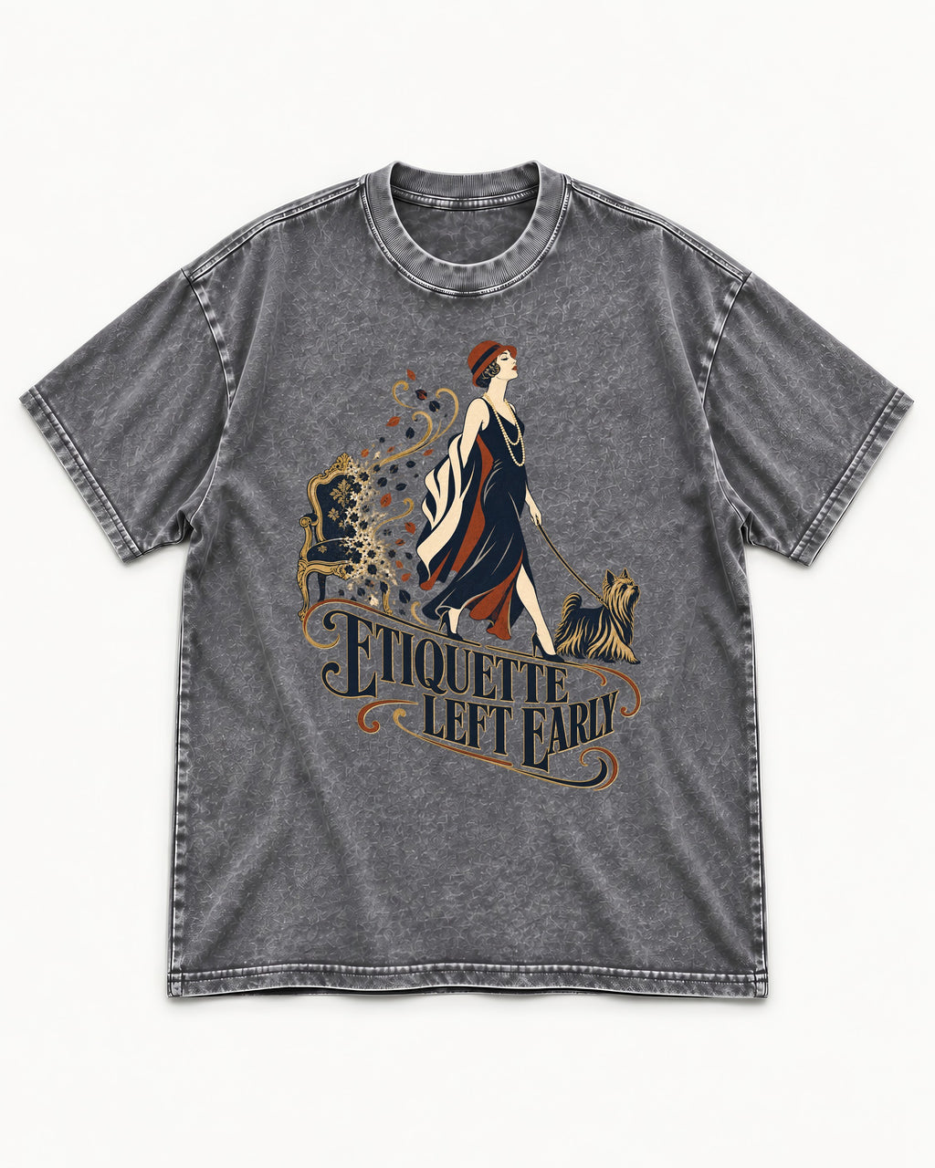 Yorkshire Terrier Etiquette Left Early Washed Tee in Gray, flat lay product photo